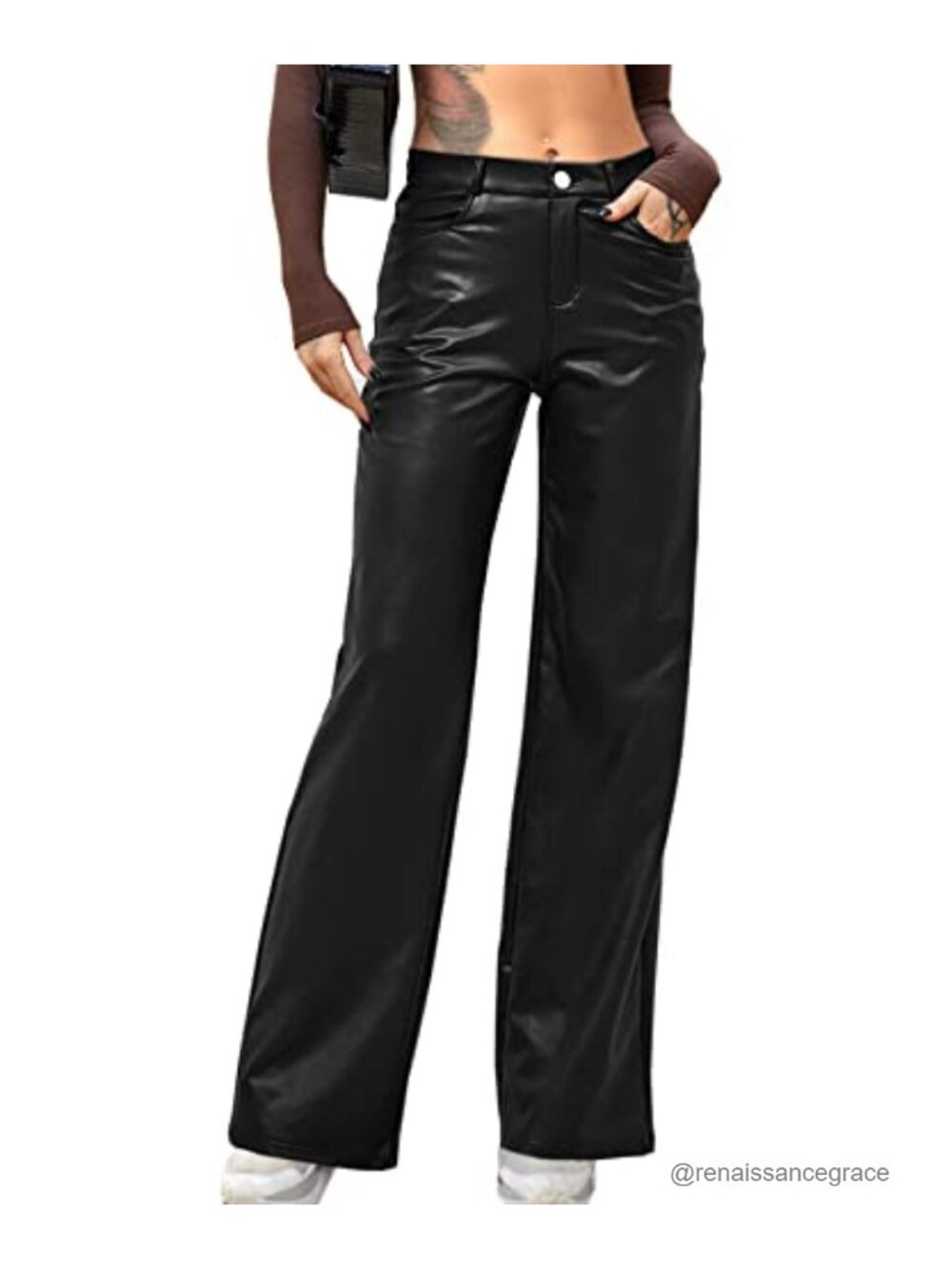 Faux Leather High Waisted Wide Leg Flare Pants with Pockets